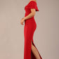 brunette model is wearing a diva catwalk Mariposa Longer Length Dress off the shoulder bardot neckline and midaxi length in dark red colour front image