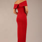 brunette model is wearing a diva catwalk Mariposa Longer Length Dress off the shoulder bardot neckline and midaxi length in dark red colour back image