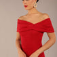 brunette model is wearing a diva catwalk Mariposa Longer Length Dress off the shoulder bardot neckline and midaxi length in dark red colour front image close up
