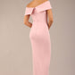brunette model is wearing a diva catwalk Mariposa Longer Length Dress off the shoulder bardot neckline and midaxi length in crystal pink colour back image