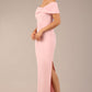 brunette model is wearing a diva catwalk Mariposa Longer Length Dress off the shoulder bardot neckline and midaxi length in crystal pink colour front image