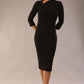 model wearing a diva catwalk Asymetric 3/4 Sleeves Pencil Dress with 3/4 sleeves knee length and asymmetric neckline in black colour front image