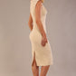 model wearing a diva catwalk Caprice Cap Sleeved Pencil Dress cap sleeve v neckline knee length with pleating details in sandshell beige colour back side