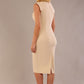model wearing a diva catwalk Caprice Cap Sleeved Pencil Dress cap sleeve v neckline knee length with pleating details in sandshell beige colour back