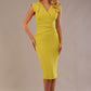 model wearing a diva catwalk Caprice Cap Sleeved Pencil Dress cap sleeve v neckline knee length with pleating details in citrus green colour front