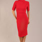 model is wearing a diva catwalk Highmoor Short Sleeved Pencil Dress high neckline and shoulders pad in true red colour