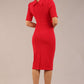 model is wearing a diva catwalk Highmoor Short Sleeved Pencil Dress high neckline and shoulders pad in true red colour back