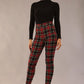 model is wearing a diva catwalk skinny fit Cressida Tartan Stretch Trousers in royal red tartan colour 