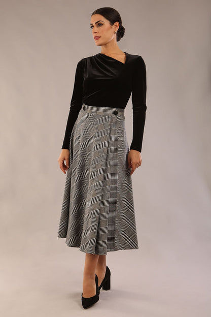 model is wearing a diva catwalk Velana Soft-Touch Check Midi Skirt wrap a-line design in misty grey check