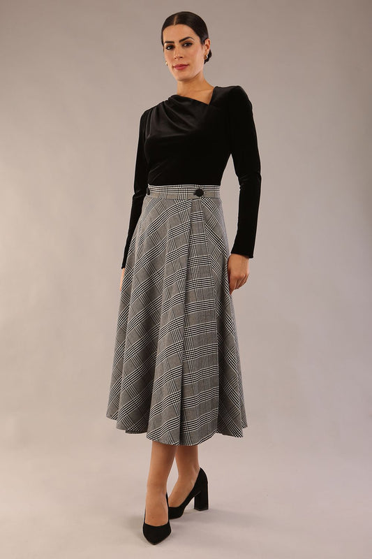 model is wearing a diva catwalk Velana Soft-Touch Check Midi Skirt wrap a-line design in misty grey check