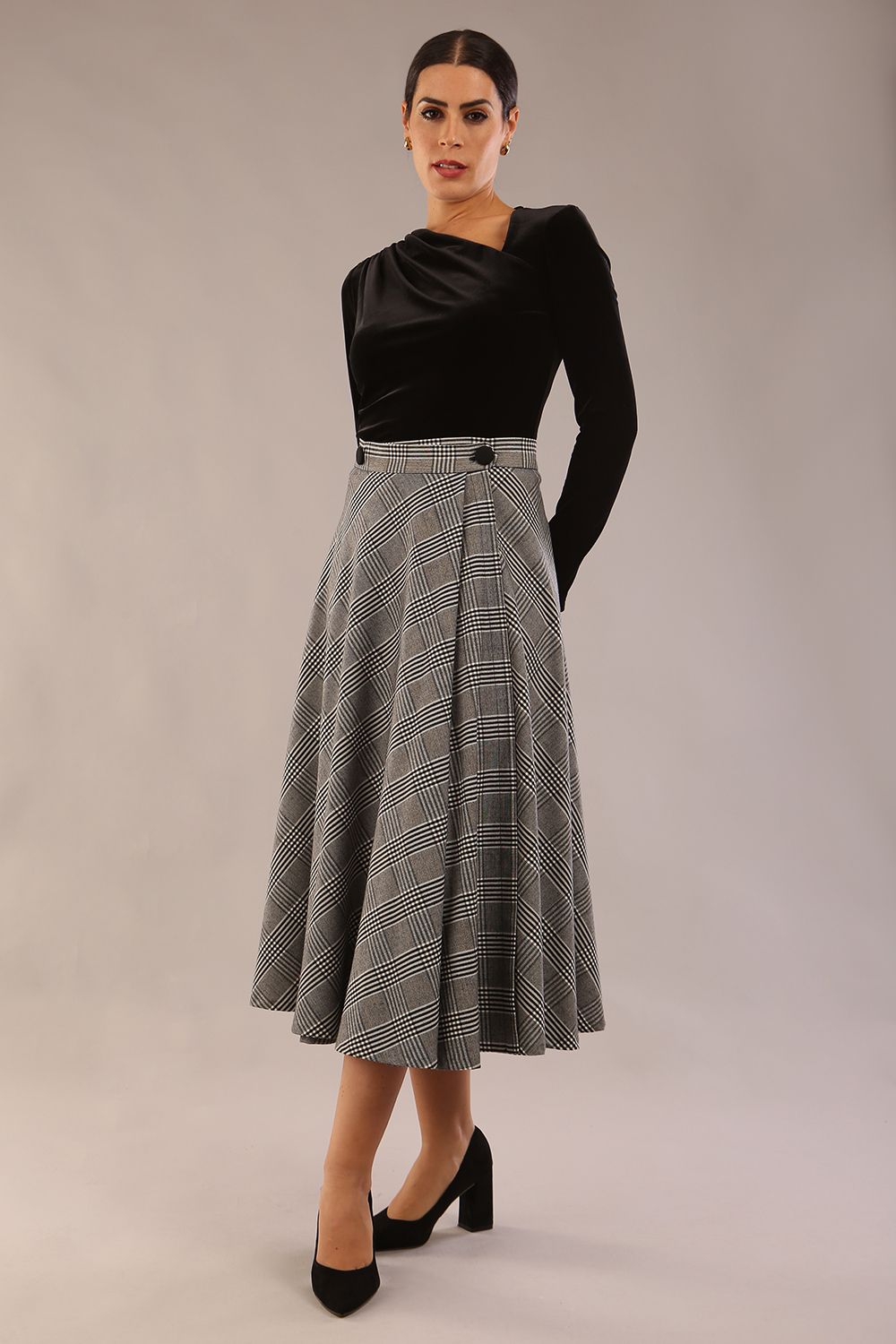 model is wearing a diva catwalk Velana Soft-Touch Check Midi Skirt wrap a-line design in misty grey check