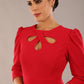 model is wearing a diva catwalk Quintessa Three Petal Keyhole Pencil Dress with 3/4 sleeves round neckline a below the knee length in red colour