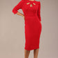model is wearing a diva catwalk Quintessa Three Petal Keyhole Pencil Dress with 3/4 sleeves round neckline a below the knee length in red colour