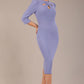 model is wearing a diva catwalk Quintessa Three Petal Keyhole Pencil Dress with 3/4 sleeves round neckline a below the knee length in vista blue colour