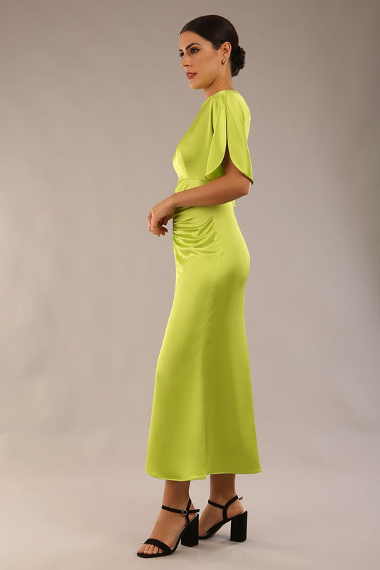 model is wearing a diva catwalk Gathered Waist Midi Dress with round neckline, short split sleeves with gathered central detail and midi length in lime green colour