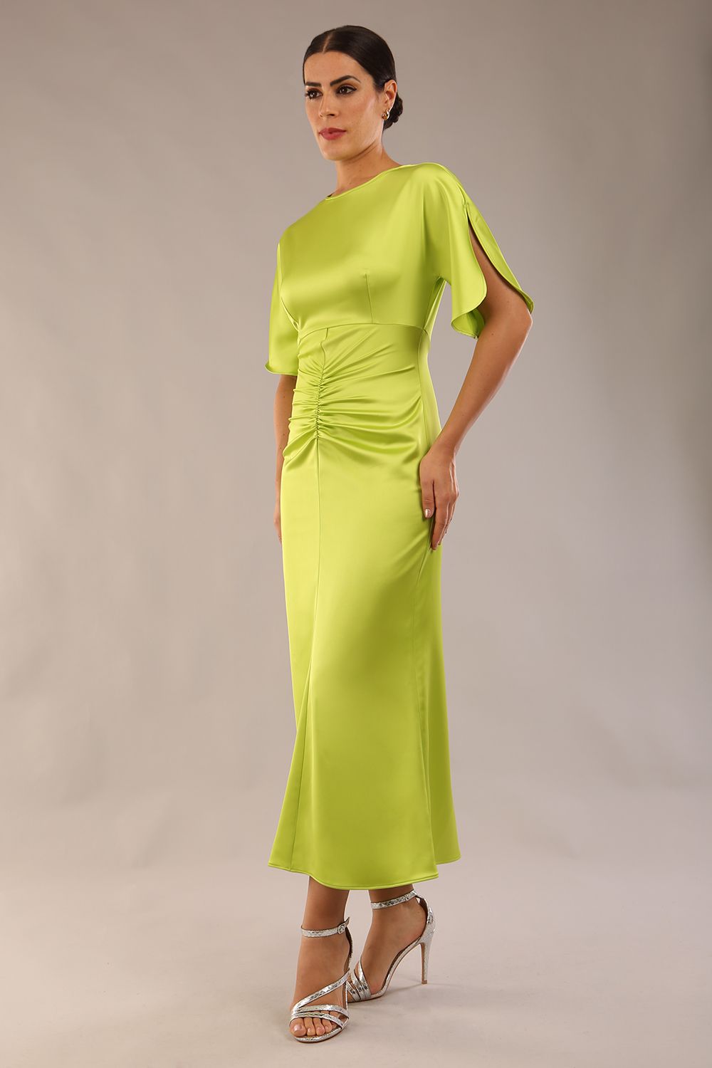 model is wearing a diva catwalk Gathered Waist Midi Dress with round neckline, short split sleeves with gathered central detail and midi length in lime green colour