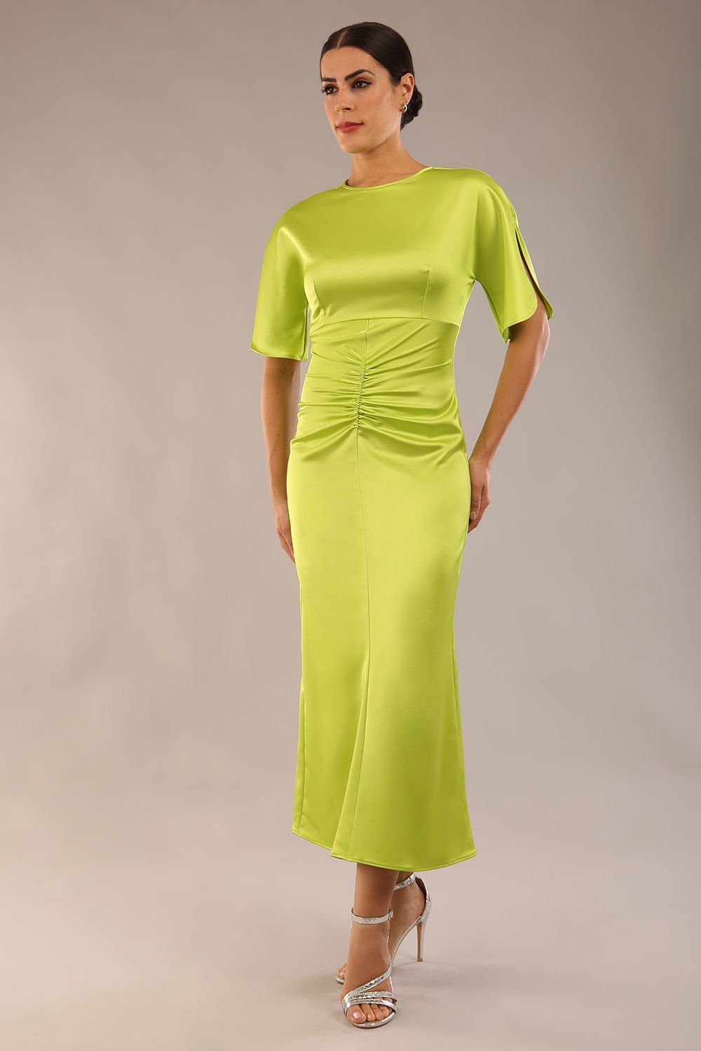 model is wearing a diva catwalk Gathered Waist Midi Dress with round neckline, short split sleeves with gathered central detail and midi length in lime green colour