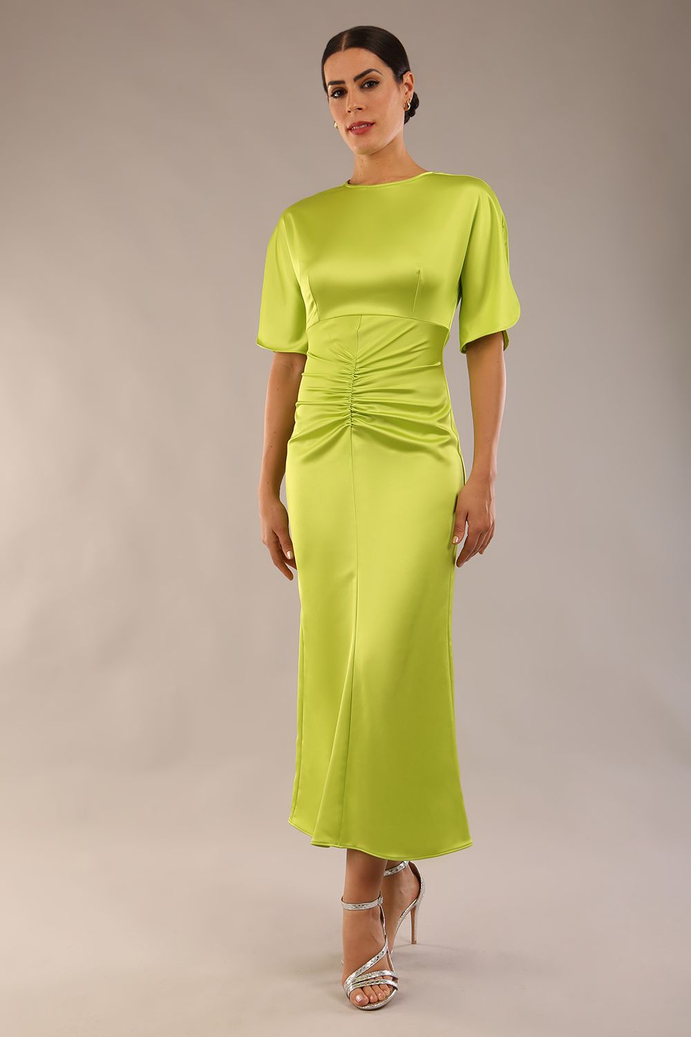 model is wearing a diva catwalk Gathered Waist Midi Dress with round neckline, short split sleeves with gathered central detail and midi length in lime green colour