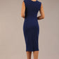 model is wearing a diva catwalk sleeveless dress with round neckline with pleating details and knee length in navy blue colour back