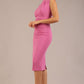 model is wearing a diva catwalk sleeveless dress with round neckline with pleating details and knee length in rosebud pink colour 