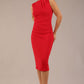 model is wearing a diva catwalk sleeveless dress with round neckline with pleating details and knee length in true red colour 