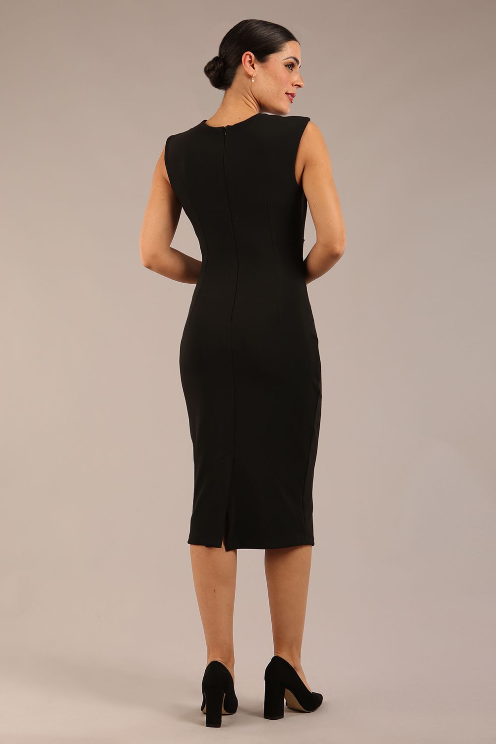 model is wearing a diva catwalk sleeveless dress with round neckline with pleating details and knee length in black colour back