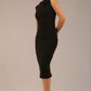 model is wearing a diva catwalk sleeveless dress with round neckline with pleating details and knee length in black colour front
