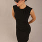 model is wearing a diva catwalk sleeveless dress with round neckline with pleating details and knee length in black colour front top
