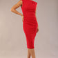 model is wearing a diva catwalk sleeveless dress with round neckline with pleating details and knee length in true red colour front