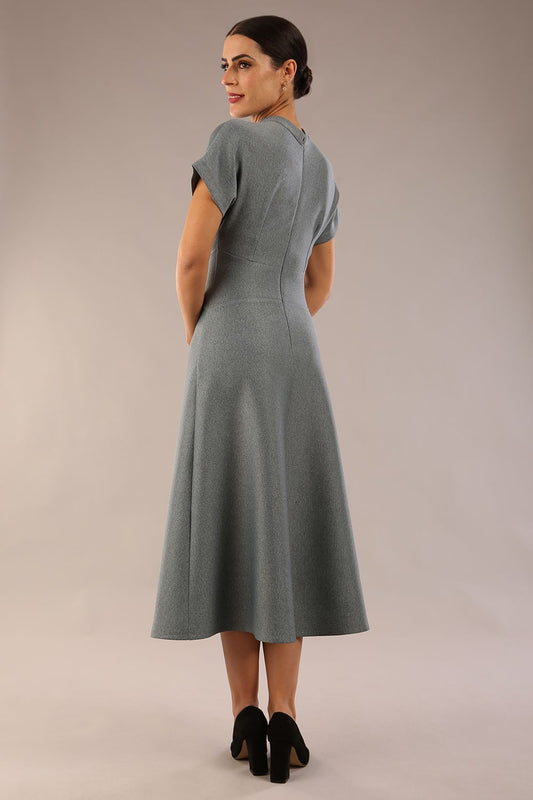 model is wearing a diva catwalk Kira Short-Sleeved Bond A-Line Midi Dress with high round neckline in grey colour back