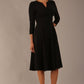 brunette model is wearing a diva catwalk Haddington sleeved A-line Dress knee length round neckline with crossover v-slit detail in black colour front image 