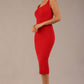brunette model is wearing a diva catwalk Perthshire Sleeveless Bodycon Pencil Dress square neckline in passion red colour front image