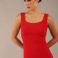 brunette model is wearing a diva catwalk Perthshire Sleeveless Bodycon Pencil Dress square neckline in passion red colour front image close up