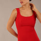 brunette model is wearing a diva catwalk Perthshire Sleeveless Bodycon Pencil Dress square neckline in passion red colour front image close up