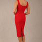brunette model is wearing a diva catwalk Perthshire Sleeveless Bodycon Pencil Dress square neckline in passion red colour back image