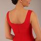 brunette model is wearing a diva catwalk Perthshire Sleeveless Bodycon Pencil Dress square neckline in passion red colour back image close up