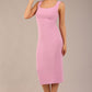 brunette model is wearing a diva catwalk Perthshire Sleeveless Bodycon Pencil Dress square neckline in dawn pink colour front image 