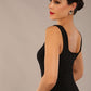 brunette model is wearing a diva catwalk Perthshire Sleeveless Bodycon Pencil Dress square neckline in black colour back image 