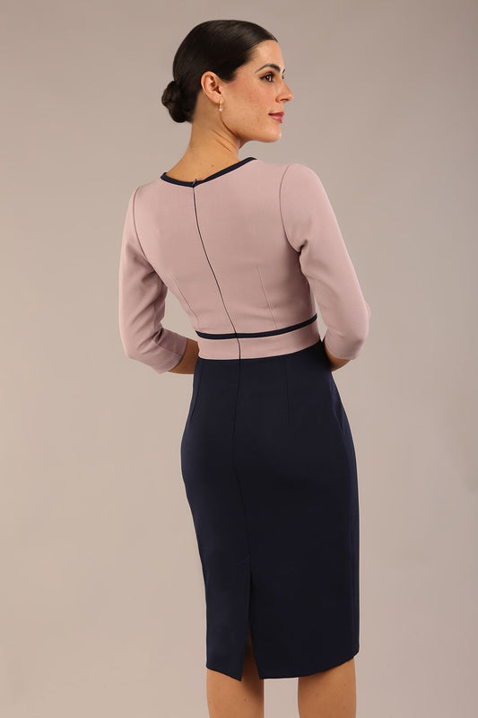 brunette model is wearing a diva catwalk Cherie Sleeved Contrast Bow Neck Pencil Dress round neckline  in Navy Blue-Thunderbird back image