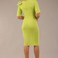 brunette model is wearing a diva catwalk Reverie Short Sleeve Stretch Pencil Dress with Bow Detail in lime green colour back image