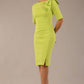 brunette model is wearing a diva catwalk Reverie Short Sleeve Stretch Pencil Dress with Bow Detail in lime green colour front image