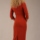 blonde model is wearing a  diva catwalk Tara V-neckline Sleeved Pencil Dress knee length in terracotta brown colour front image (Terracotta) back image