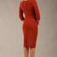 brunette model is wearing a  diva catwalk Tara V-neckline Sleeved Pencil Dress knee length in terracotta brown colour back image 