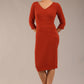 brunette model is wearing a  diva catwalk Tara V-neckline Sleeved Pencil Dress knee length in terracotta brown colour front image with sunglasses