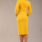 brunette model is wearing a  diva catwalk Tara V-neckline Sleeved Pencil Dress knee length in sunshine yellow colour back image