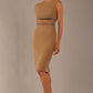 brunette model is wearing a divacatwalk Bijou Sleeveless Bodycon Pencil Dress with Satin Detail roun neckkline knee length in super stretch fabric in tannin brown colour front image