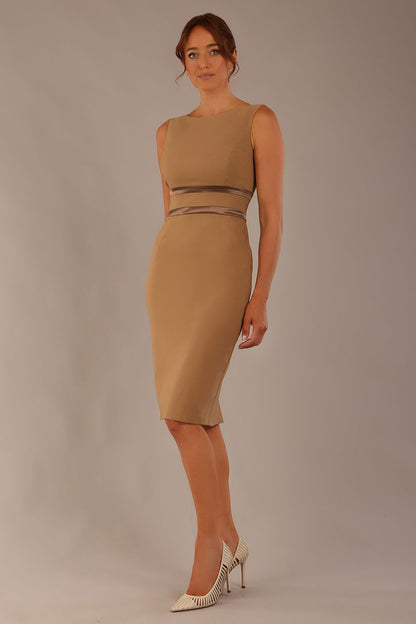 brunette model is wearing a divacatwalk Bijou Sleeveless Bodycon Pencil Dress with Satin Detail roun neckkline knee length in super stretch fabric in tannin brown colour front image