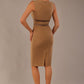 brunette model is wearing a divacatwalk Bijou Sleeveless Bodycon Pencil Dress with Satin Detail roun neckkline knee length in super stretch fabric in tannin brown colour back image