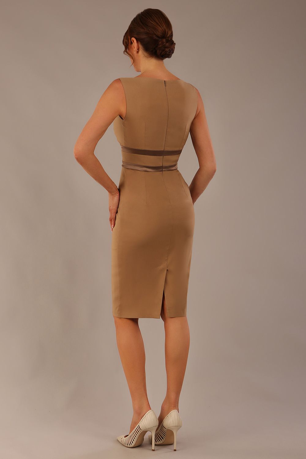 brunette model is wearing a divacatwalk Bijou Sleeveless Bodycon Pencil Dress with Satin Detail roun neckkline knee length in super stretch fabric in tannin brown colour back image