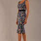 brunette model is wearing a diva catwalk June Floral Sleeveless Navy Waistband Pencil Dress in floral blue print front image